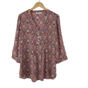 Rose & Olive Blouse Womens 1X Floral Pintuck Peasant Cottagecore Popover Fairy